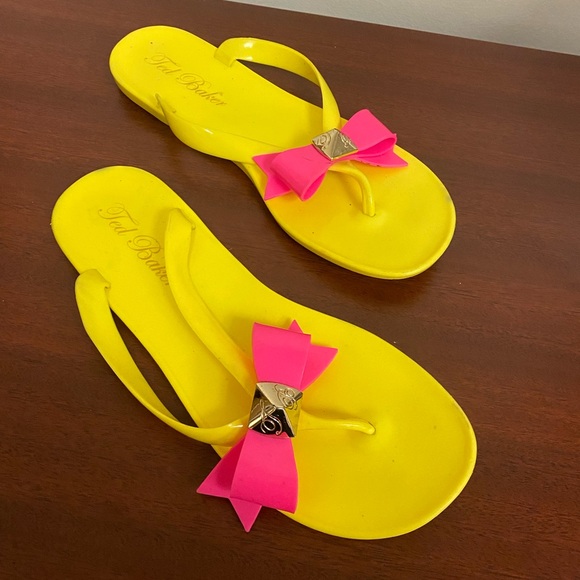 Ted Baker Neon Jelly Flip flop thong sandals Bow yellow hot pink size 7 - Picture 2 of 10